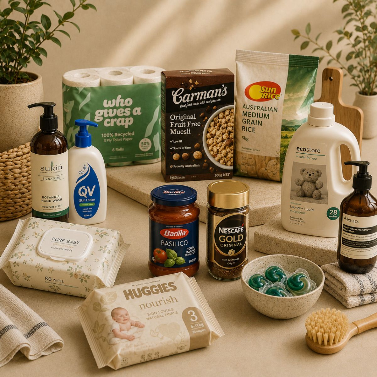 Curated selection of everyday household, personal care, pantry and baby essentials arranged in a warm neutral setting.
