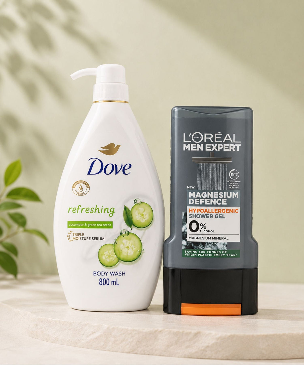 Dove Refreshing Cucumber Body Wash and LOreal Men Expert Magnesium Defence Shower Gel bath and body products featured in the ZegZog bath and body collection