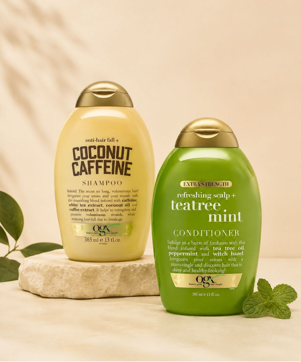 OGX Coconut Caffeine Shampoo and Teatree Mint Conditioner hair care products featured in the ZegZog hair care collection