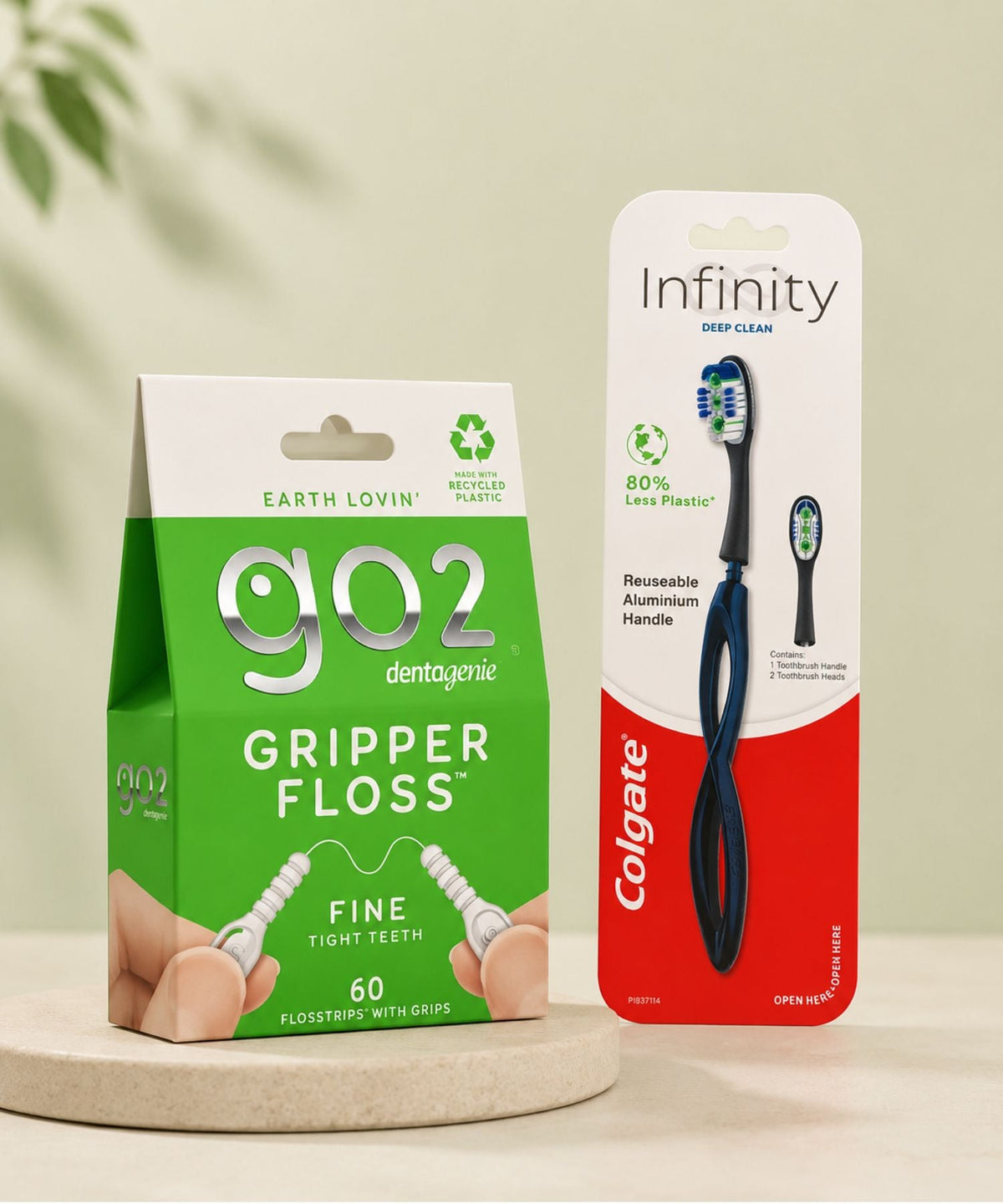 GO2 Dentagenie Gripper Floss and Colgate Infinity Deep Clean Toothbrush oral care products featured in the ZegZog oral care collection