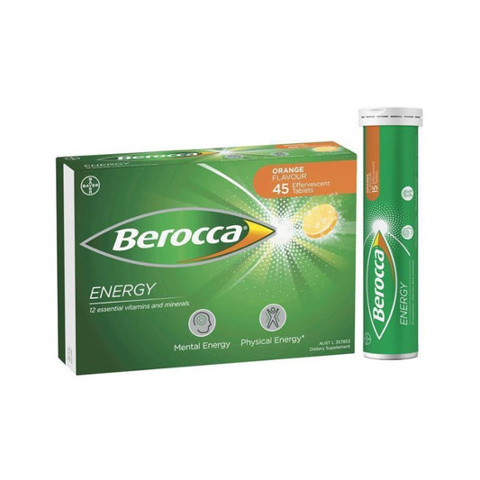 Berocca Energy Orange Flavour Effervescent Tablets 45 Pack - Fizzing orange tablets dissolving in water, delivering a vitamin-rich energy boost