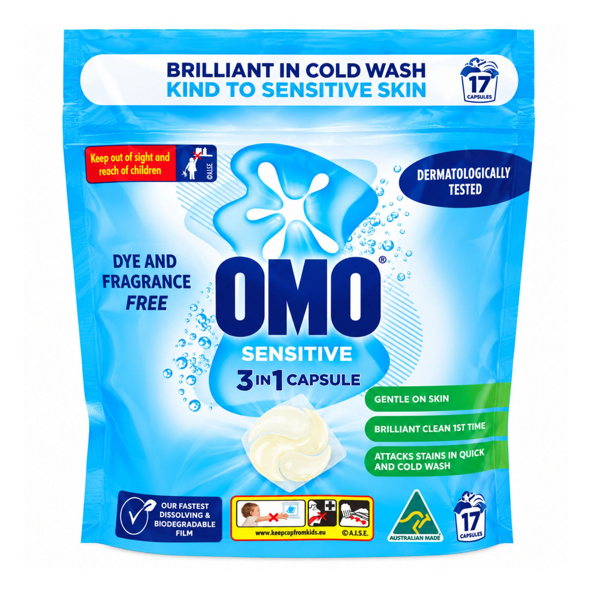 OMO Sensitive 3 in 1 Laundry Capsules 17 Count front packaging view