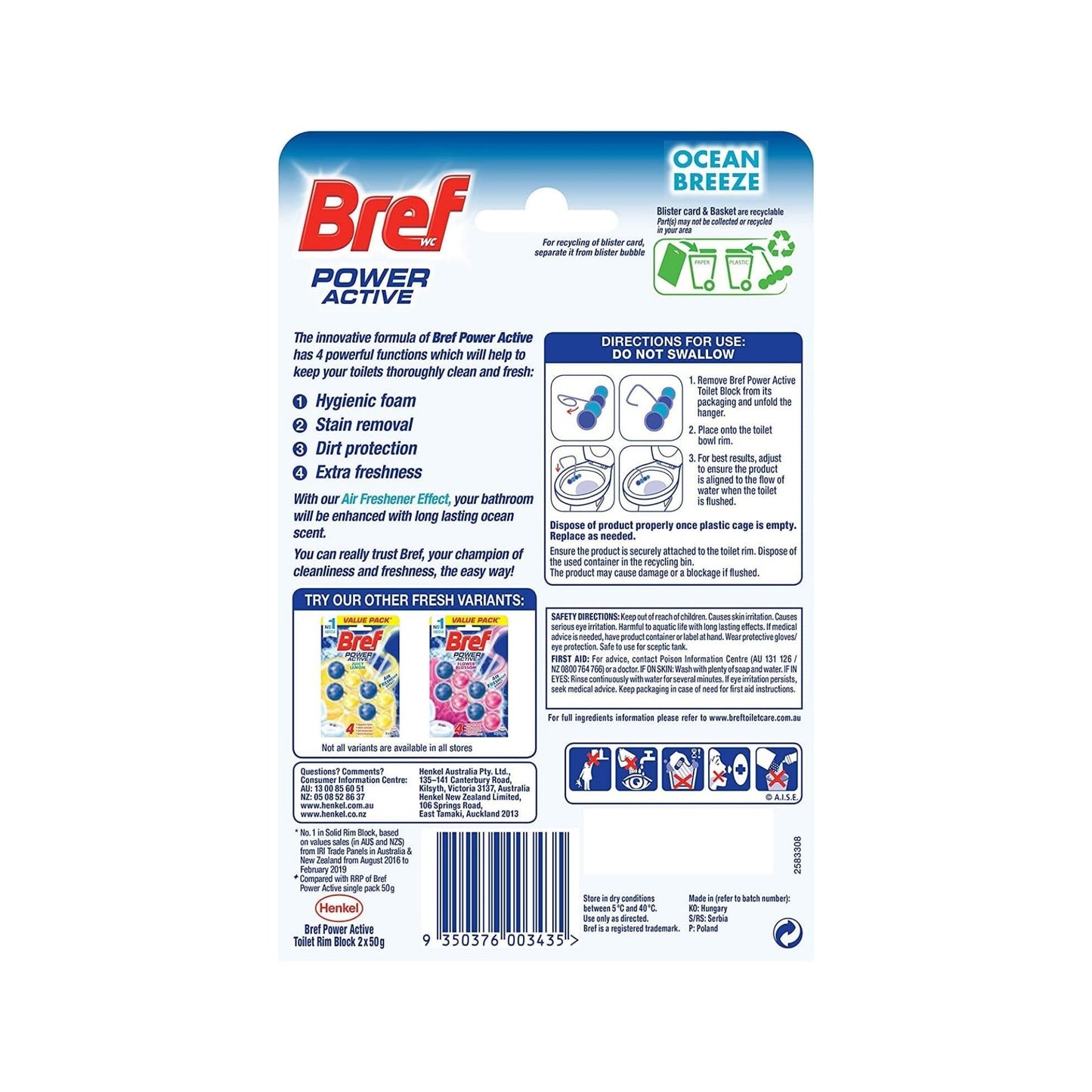 Bref Power Active Ocean Breeze Rim Block Toilet Cleaner 50g x 12 Pack
