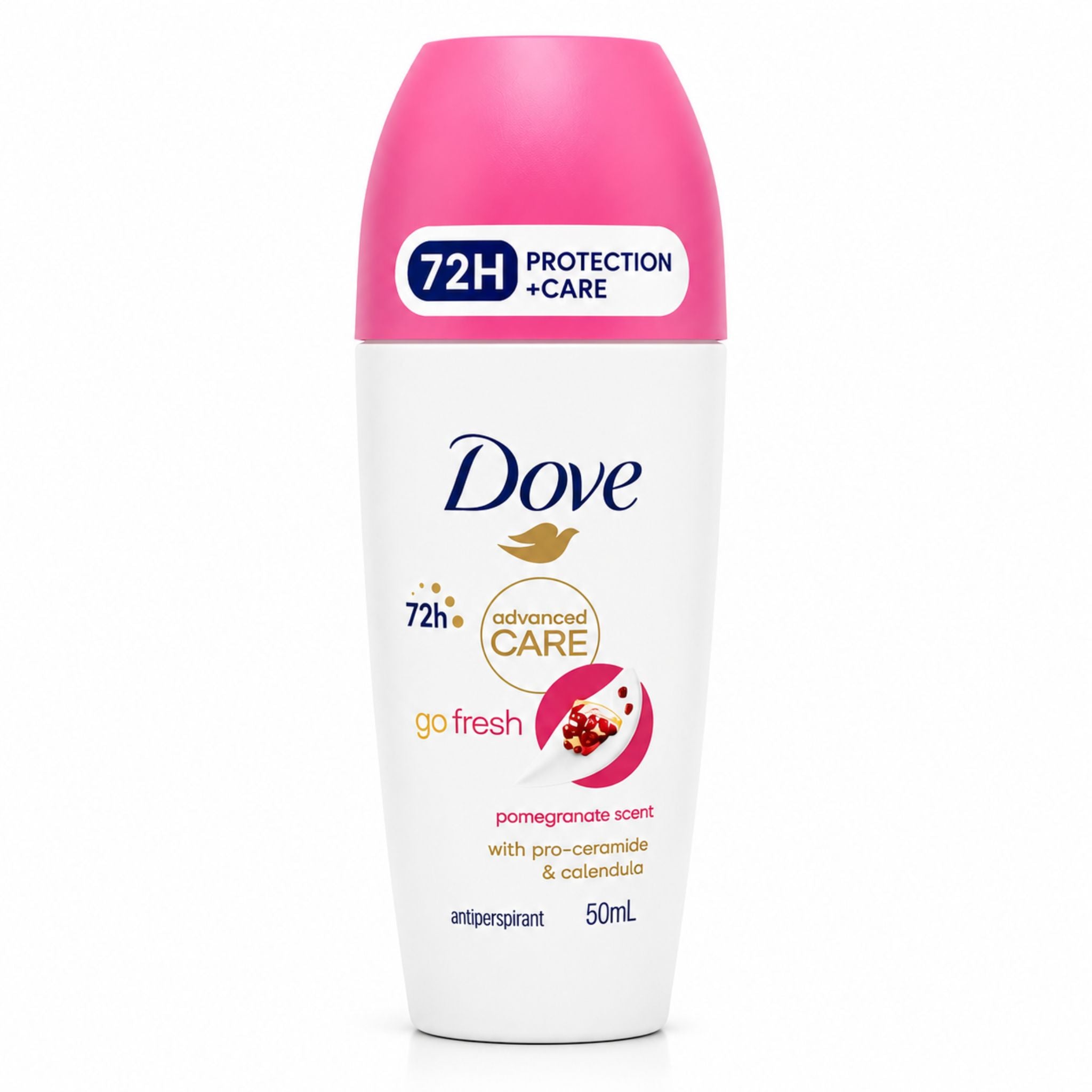 Dove go fresh antiperspirant 50mL roll-on bottle with a white body, pink cap, and pomegranate scent details.