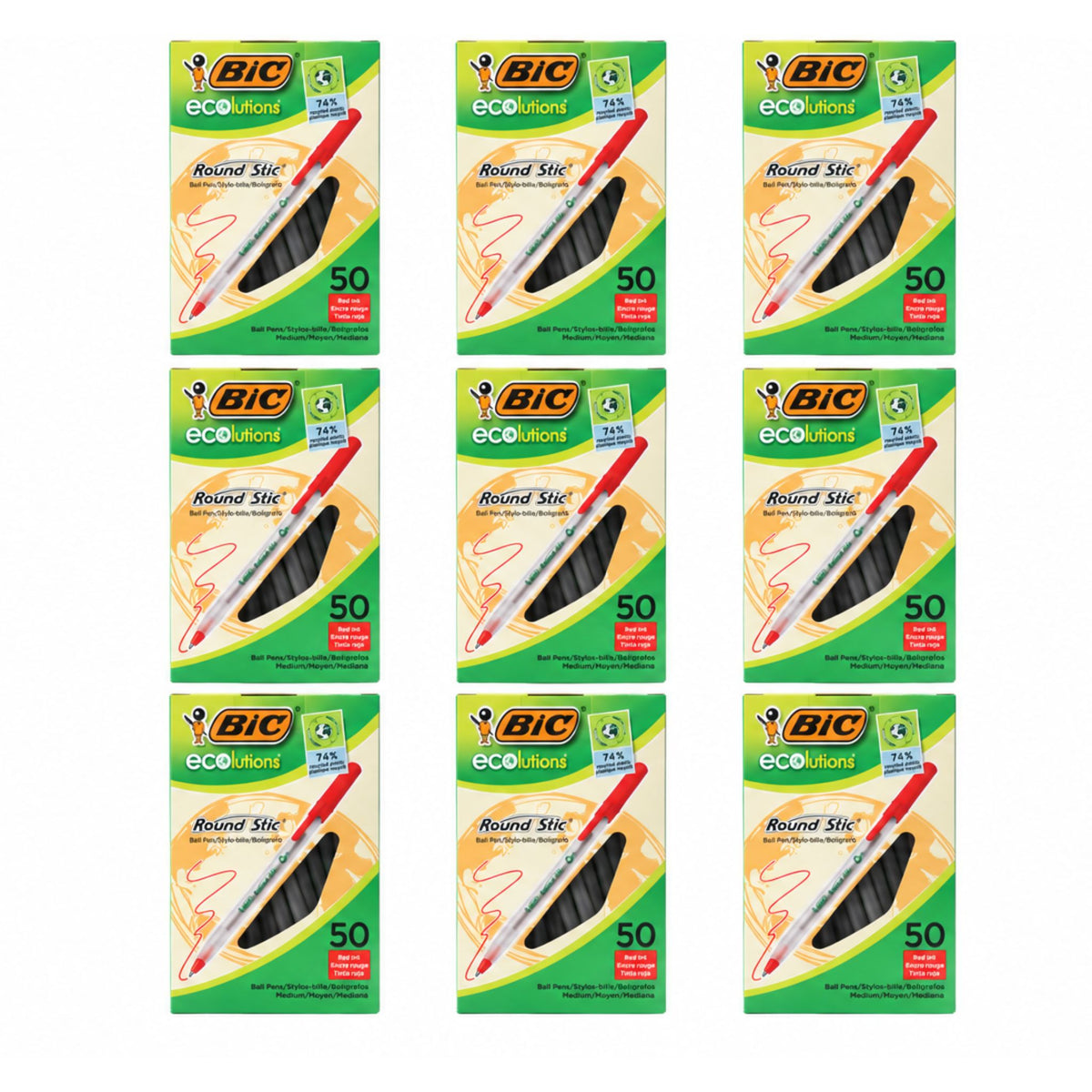 Nine packs of BIC EcoRound 50 round stick ballpoint pens arranged in a 3x3 grid on a plain white background.