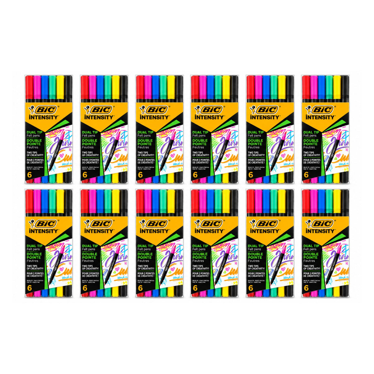 Twelve packs of BIC Intensity 6-color highlighters arranged in a 3x4 grid on a plain white background.