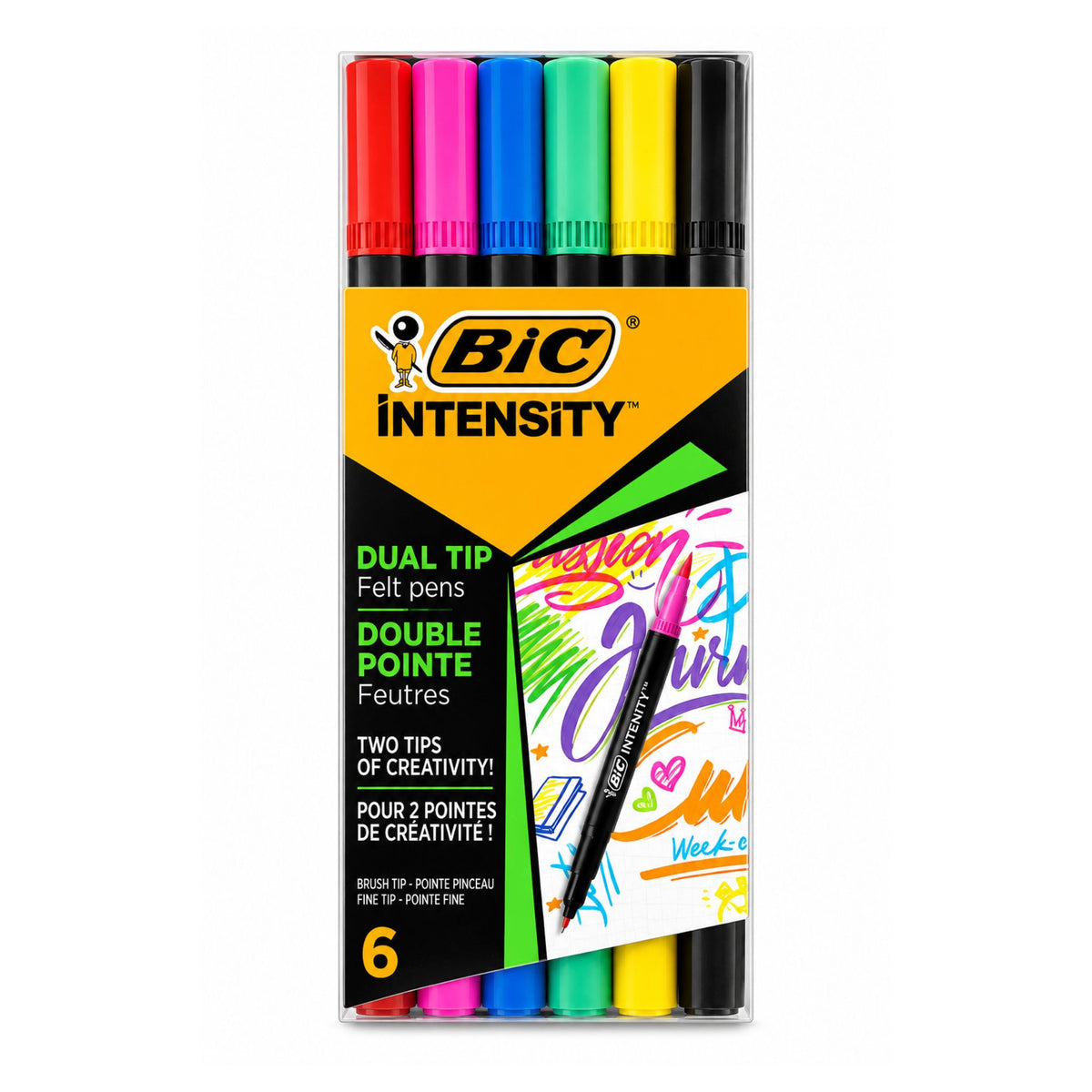 Bic Intensity Dual Tip Felt pens in a clear plastic case with a black and yellow label, showing six different colored pens including red, pink, blue, green, yellow, and black.