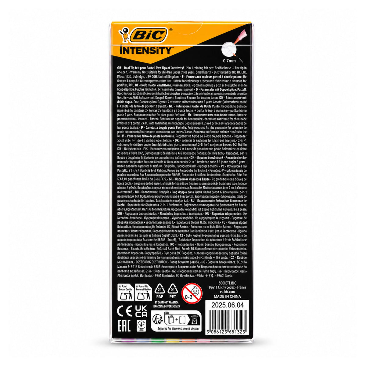 Back packaging view of BIC Intensity Pastel Dual Tip Felt Pens 6 Assorted Colours showing details and barcode