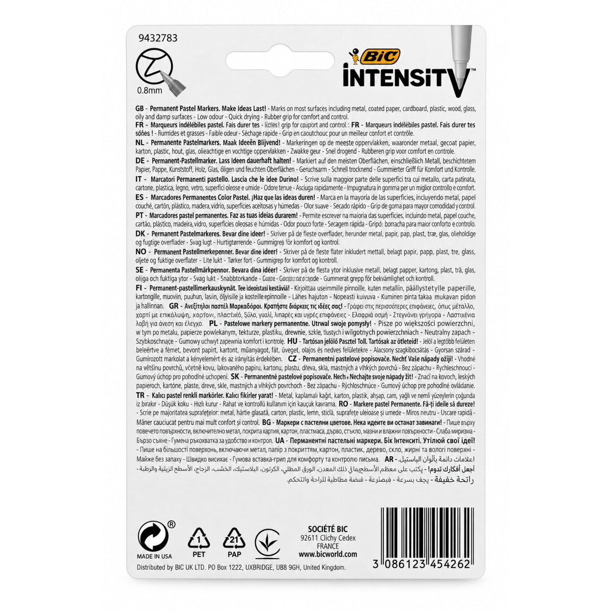 The back of a package featuring product information, ingredients, safety data, recycling symbols, and a barcode. The package has a white background with black text and a prominent orange 'BIC INTENSITY' logo at the top right.