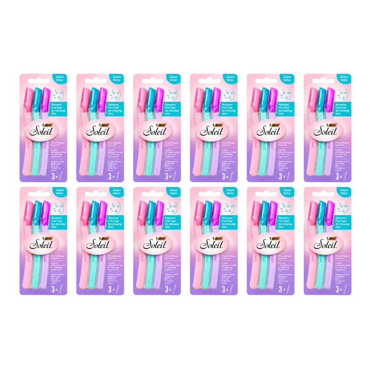 12-pack bulk bundle of BIC Soleil Facial & Eyebrow Razors 3 Pack