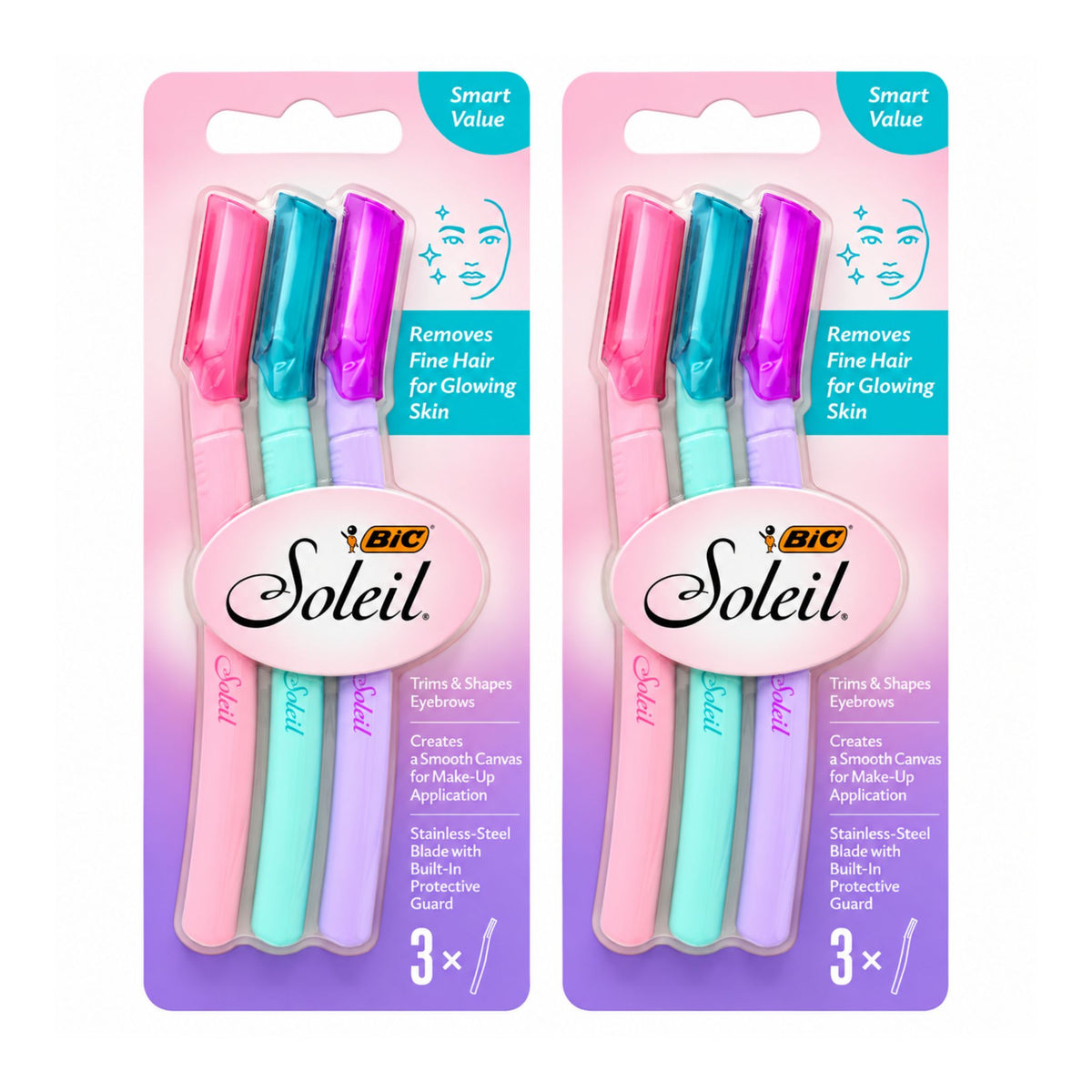 Two packages of BIC Soleil Smart Value 3-pack eyeliner pens, each containing pink, teal, and purple pens, on a plain white background.