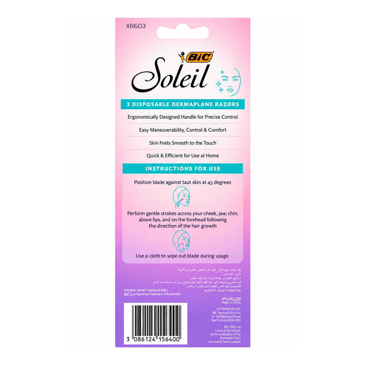 BIC Soleil disposable dermaplane razors retail packaging, featuring a pink-to-purple gradient card with product details, size instructions, a barcode, and product illustrations.
