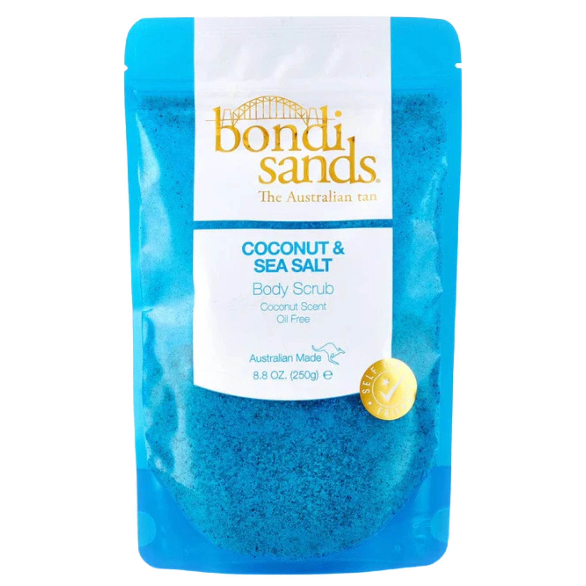 A package of Bondi Sands Coconut & Sea Salt Body Scrub, 250g size, with blue packaging and visible coconut husk and sea salt crystals.