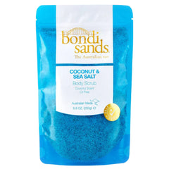 A package of Bondi Sands Coconut & Sea Salt Body Scrub, 250g size, with blue packaging and visible coconut husk and sea salt crystals.
