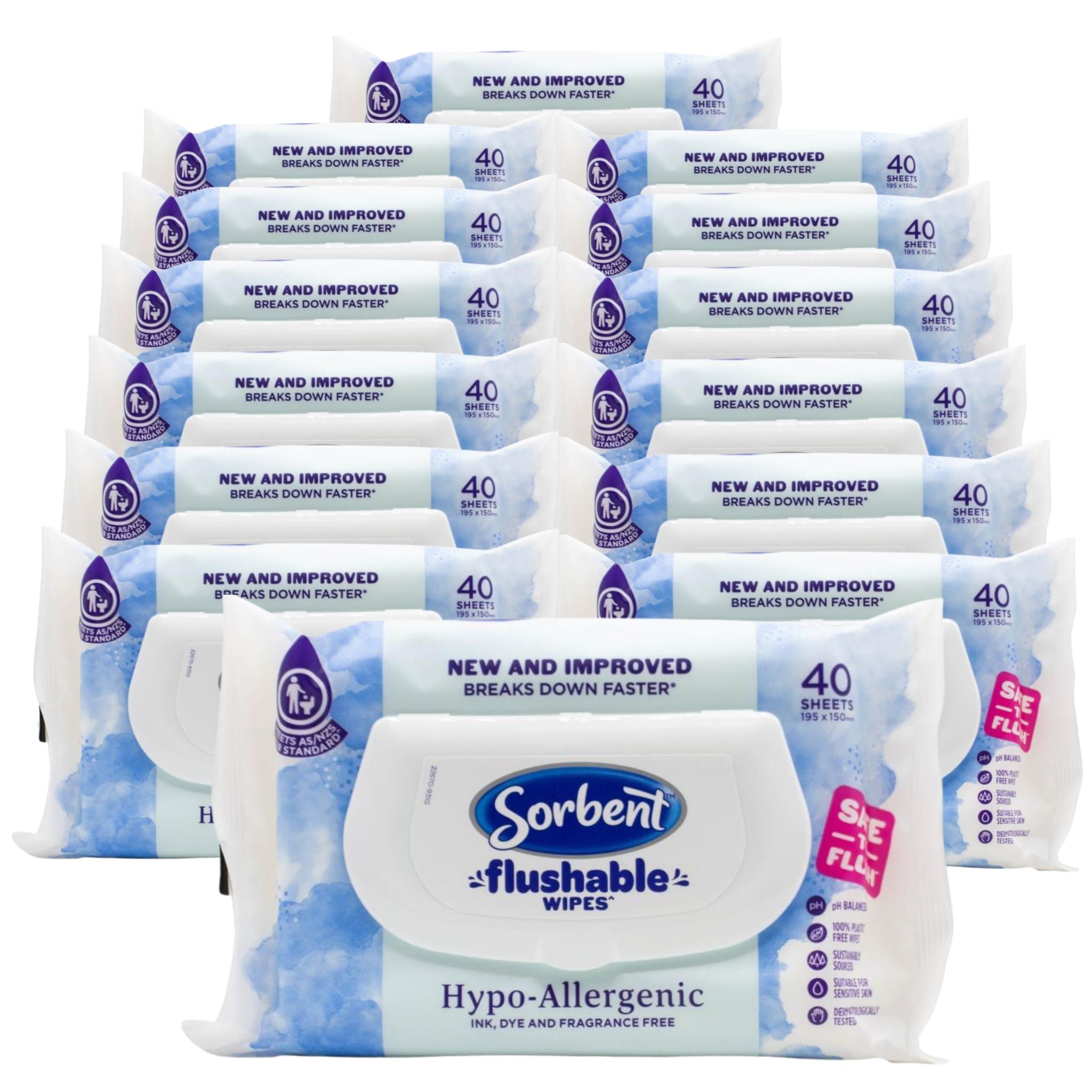 Multiple packages of Sorbent flushable wipes on a white background