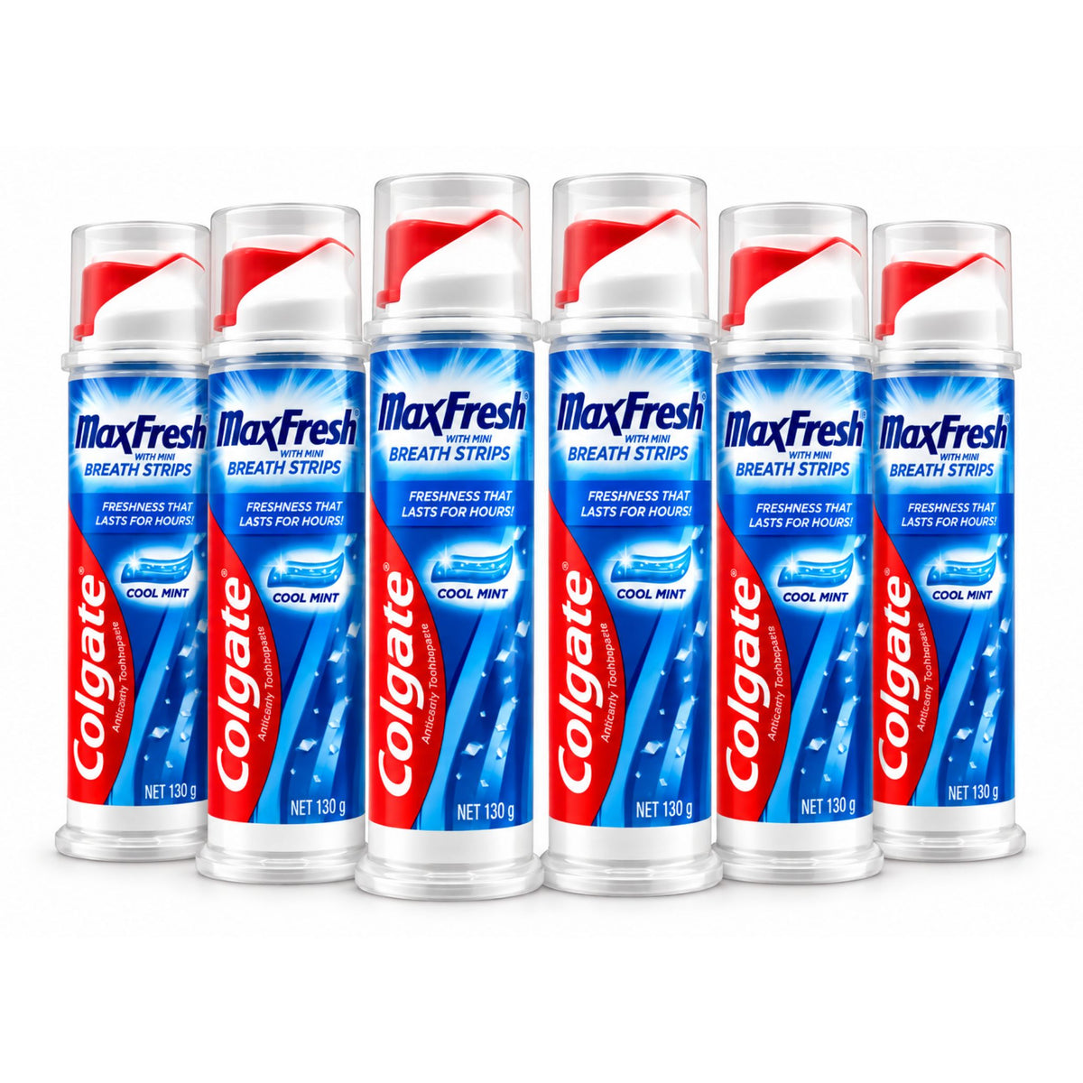6-pack bundle of Colgate MaxFresh Toothpaste with Mini Breath Strips Cool Mint 130g dispensers