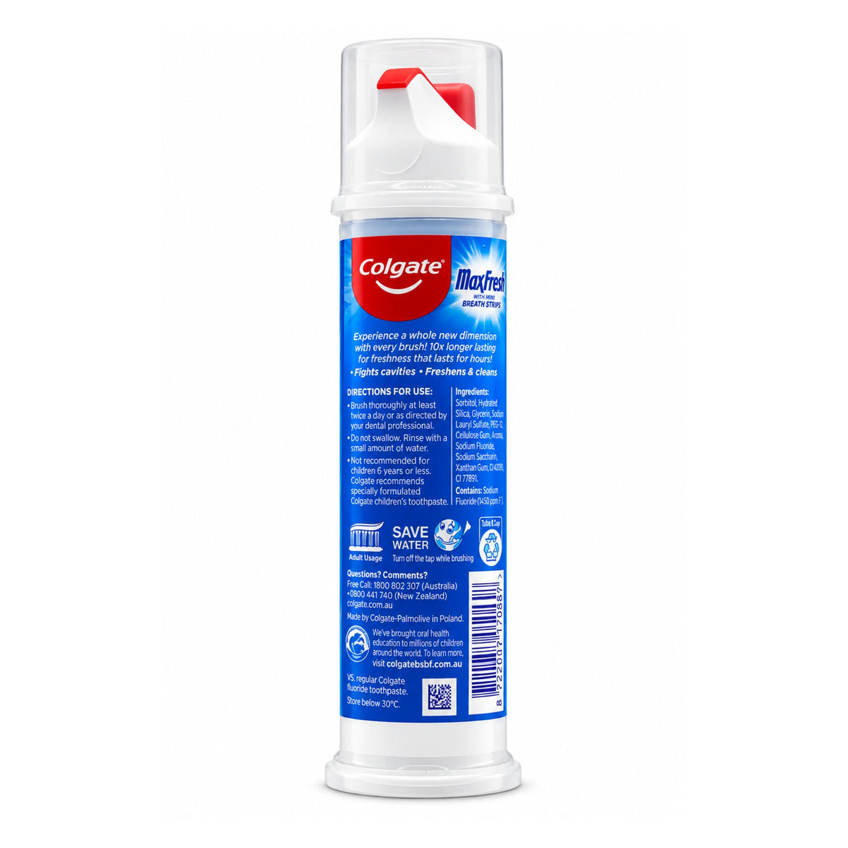 Back view of Colgate MaxFresh Cool Mint 130g toothpaste dispenser showing barcode and details
