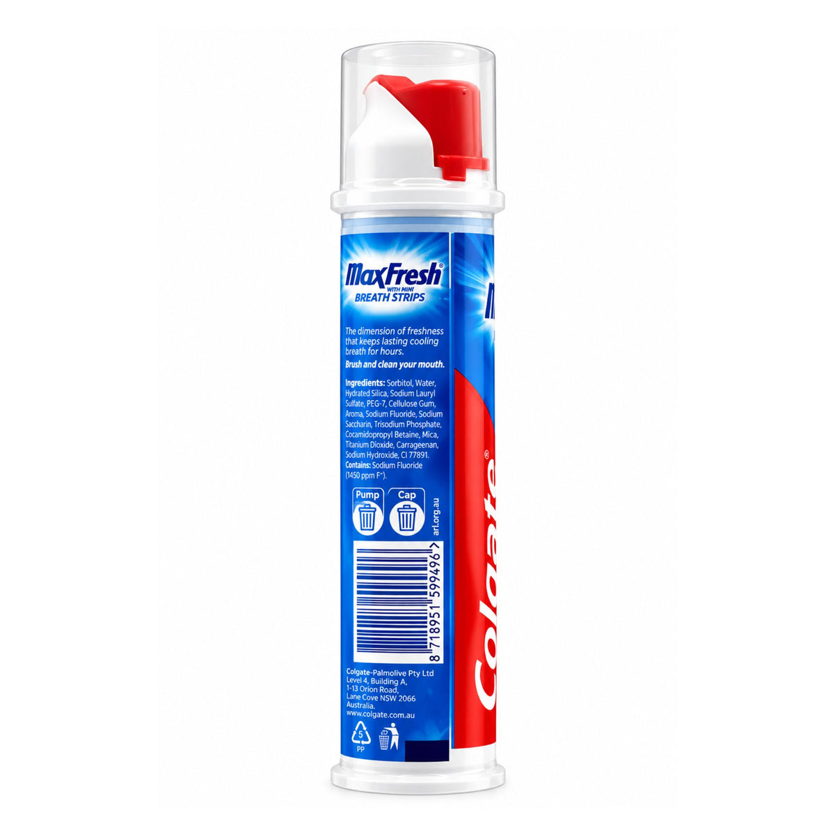 Side view of Colgate MaxFresh Cool Mint 130g toothpaste dispenser showing directions and warnings