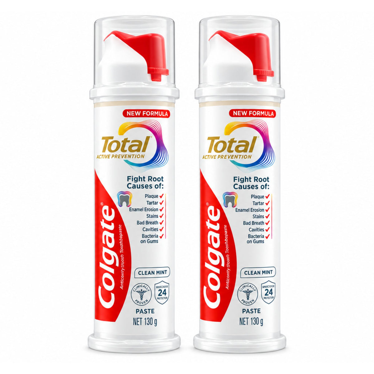 2-pack bundle of Colgate Total Active Prevention Clean Mint 130g toothpaste dispensers