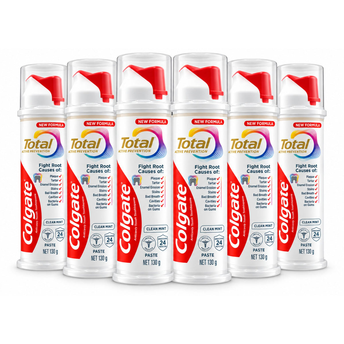 6-pack bundle of Colgate Total Active Prevention Clean Mint 130g toothpaste dispensers