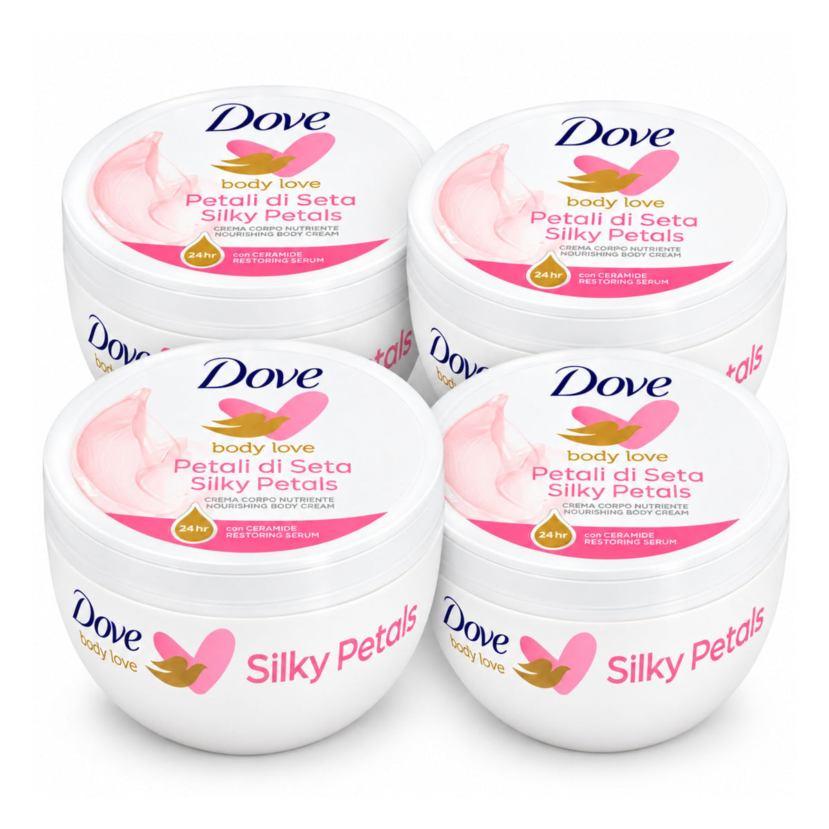 4-pack bundle of Dove Body Love Silky Petals 300g body cream jars
