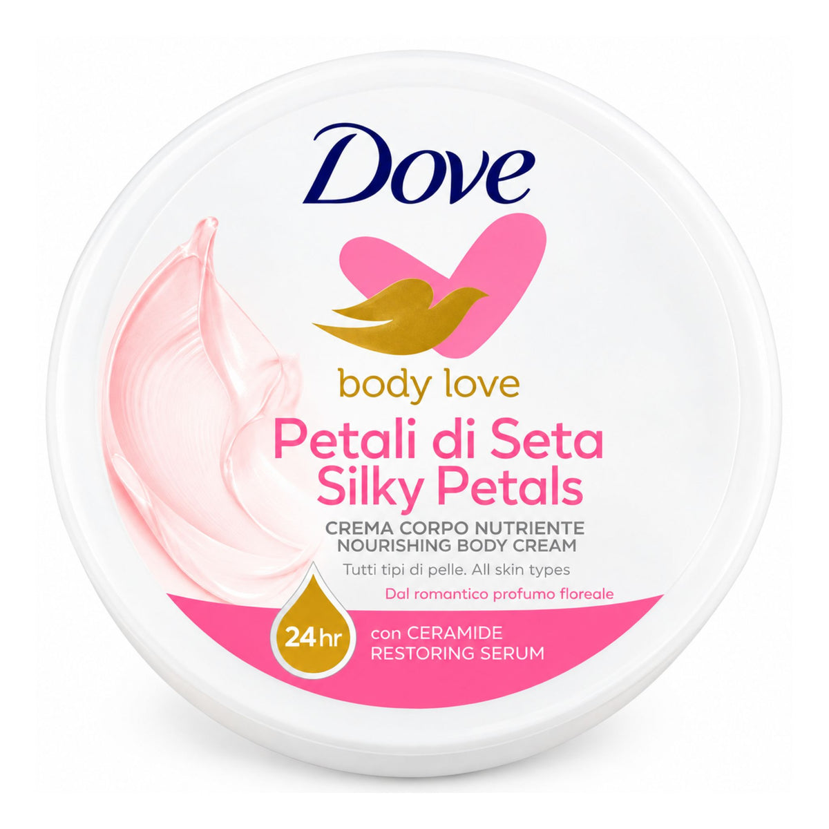 Top lid of Dove Body Love Silky Petals 300g body cream jar