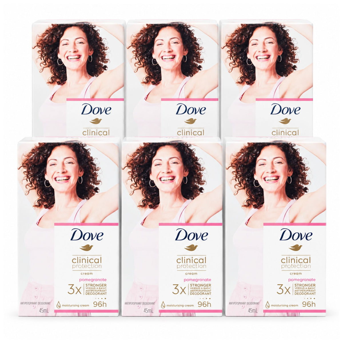 6-pack bundle of Dove Clinical Protection Pomegranate Antiperspirant Deodorant Cream 45ml