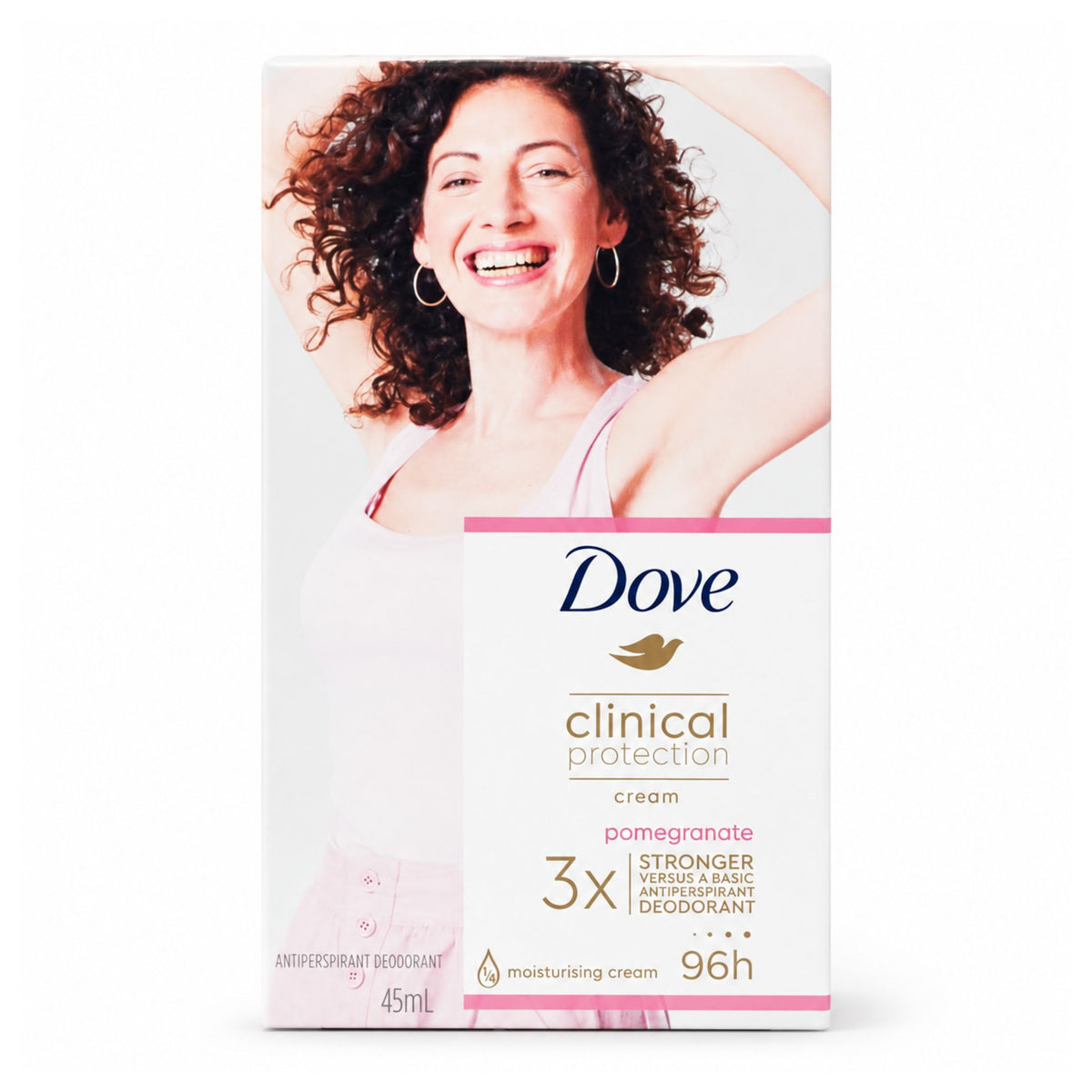 Front box packaging of Dove Clinical Protection Pomegranate Antiperspirant Deodorant Cream 45ml