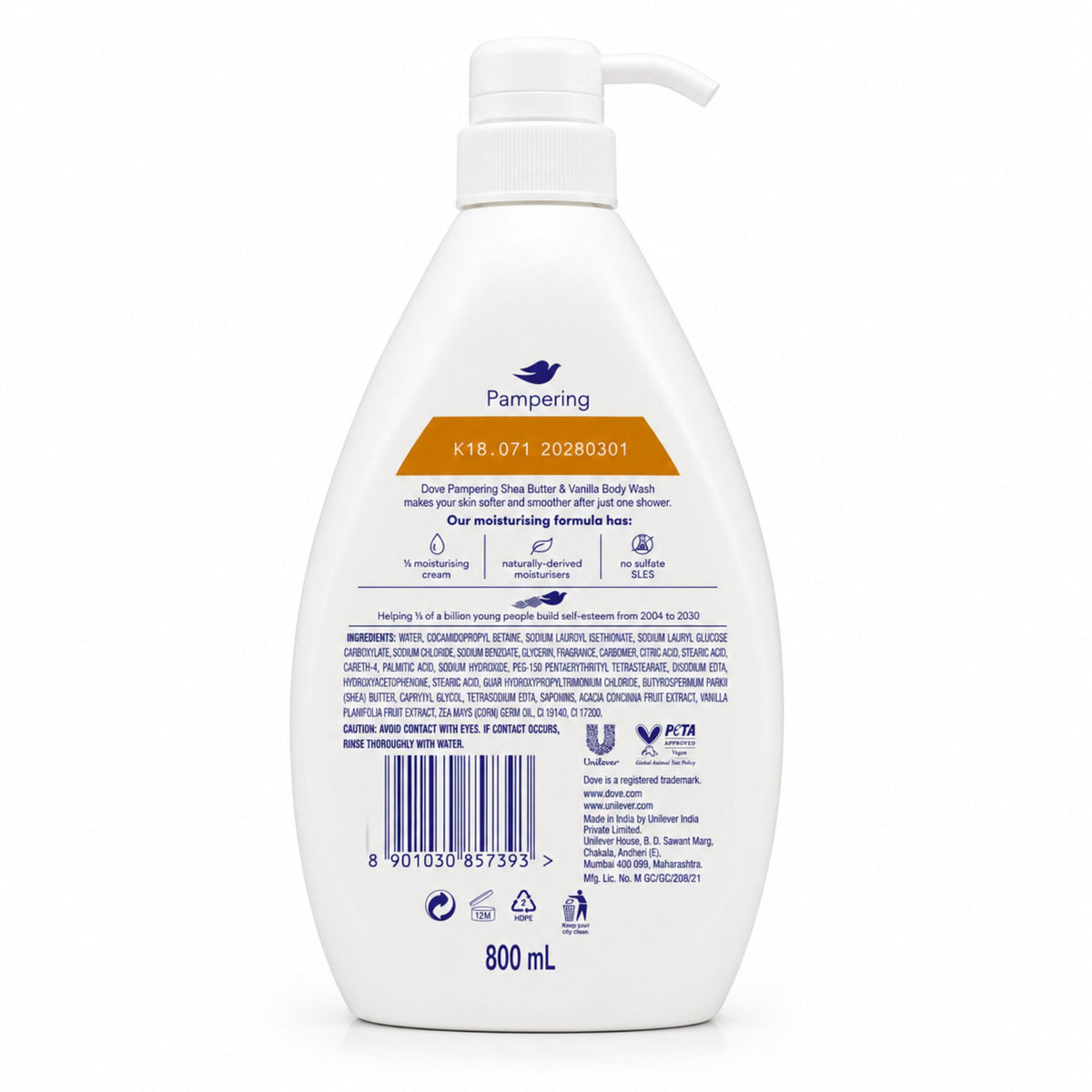 Back view of a 800 mL white pump bottle of Pampering hair care product on a plain white background.