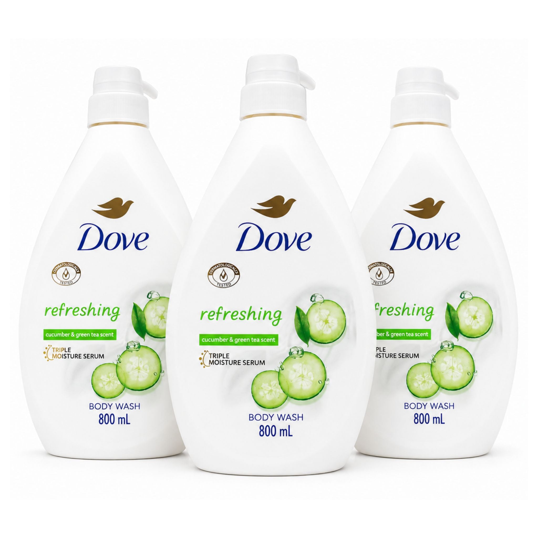 Three white bottles of Dove Refreshing Body Wash with cucumber graphics, arranged side by side on a white background.