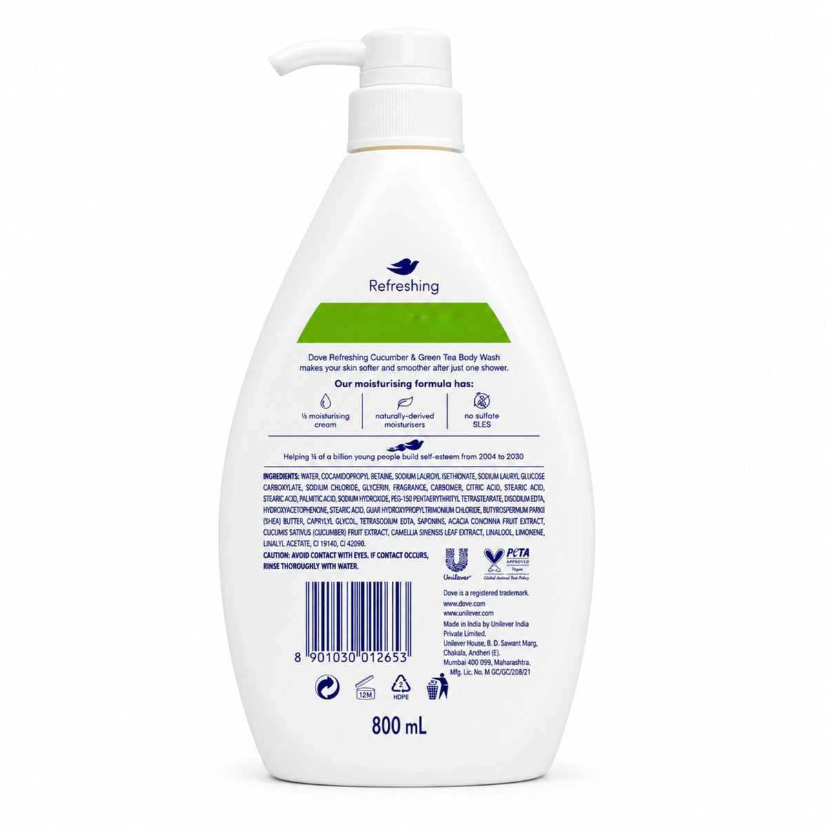 Back view of a 800 mL white bottle of Refreshing Dove Moisturising Hair Wash on a plain white background.