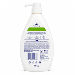Back view of a 800 mL white bottle of Refreshing Dove Moisturising Hair Wash on a plain white background.