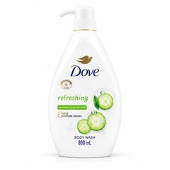 A 800 mL bottle of Dove Refreshing Body Wash with cucumber and green tea scent, featuring a white pump dispenser and a graphic of sliced cucumbers on a clean white background.