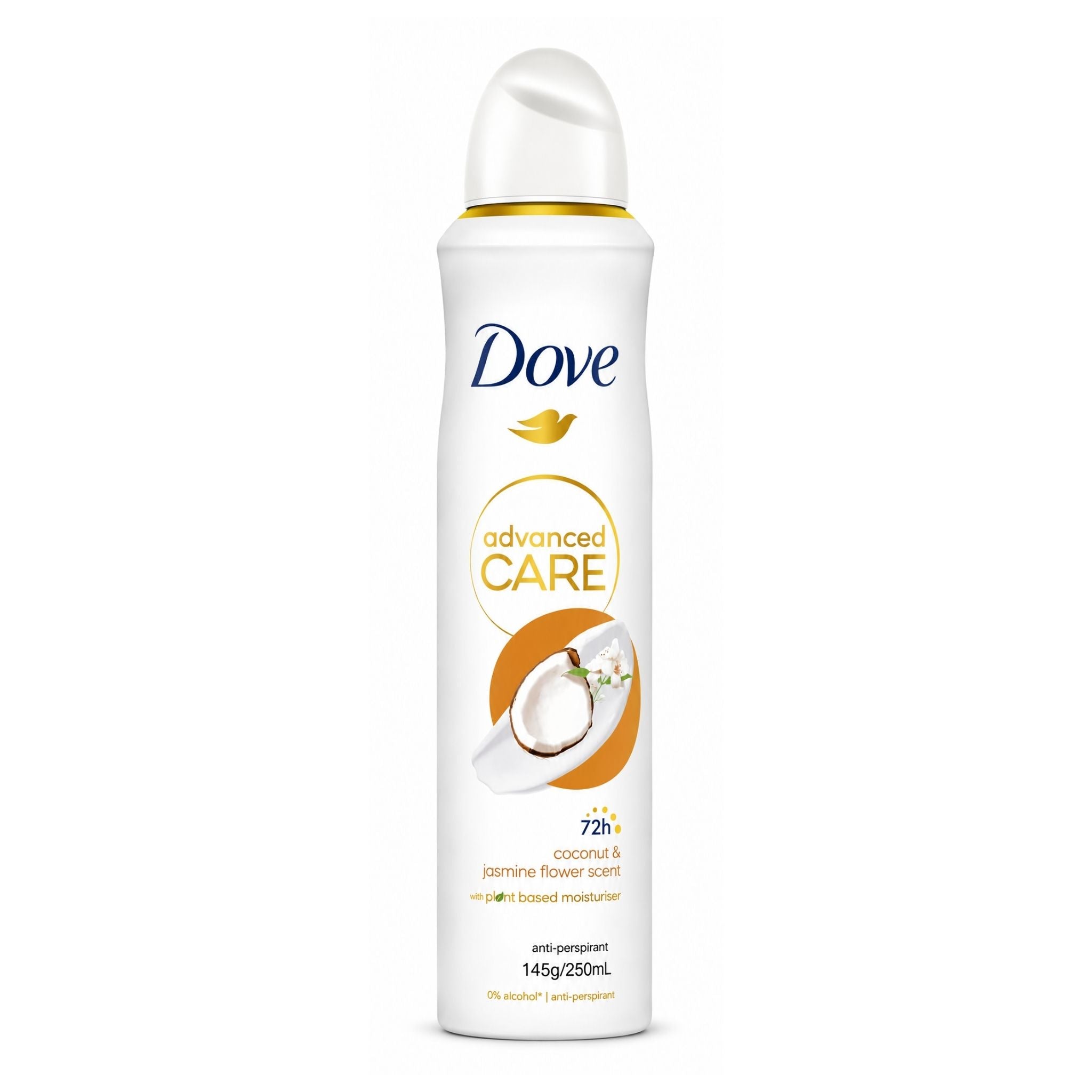 A 250 mL can of Dove Advanced Care moisturizer in coconut and jasmine flower scent, featuring a white bottle with gold and blue branding on a clean white background.