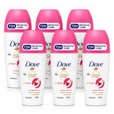 Six bottles of Dove Advanced Care deodorant in pomegranate scent, arranged in two rows of three on a clean white background.