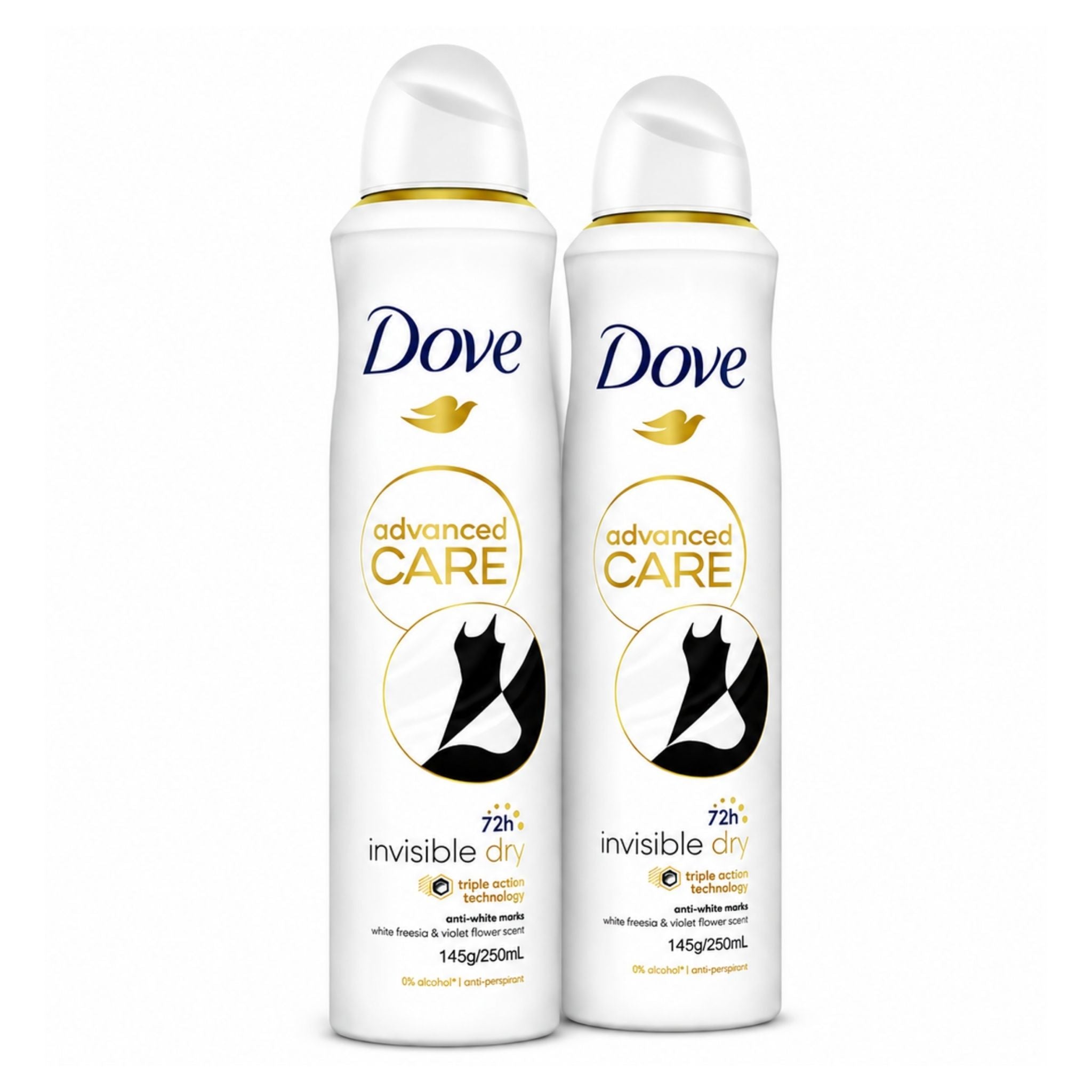 Two white Dove Advanced Care Invisible Dry deodorant cans standing side by side on a plain white background.