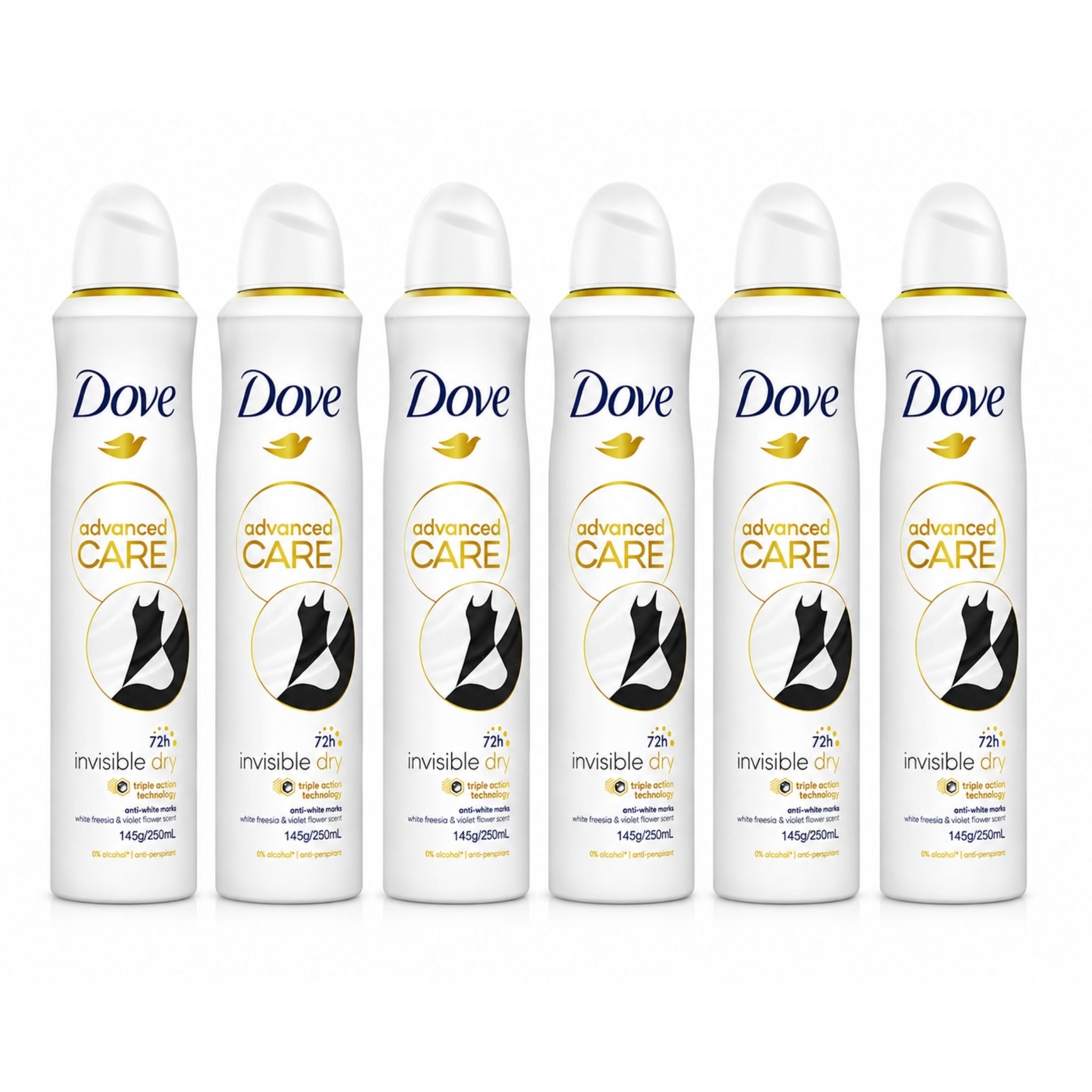 Six white Dove Invisible Dry deodorant spray cans arranged in a row on a white background, each labeled Advanced Care.