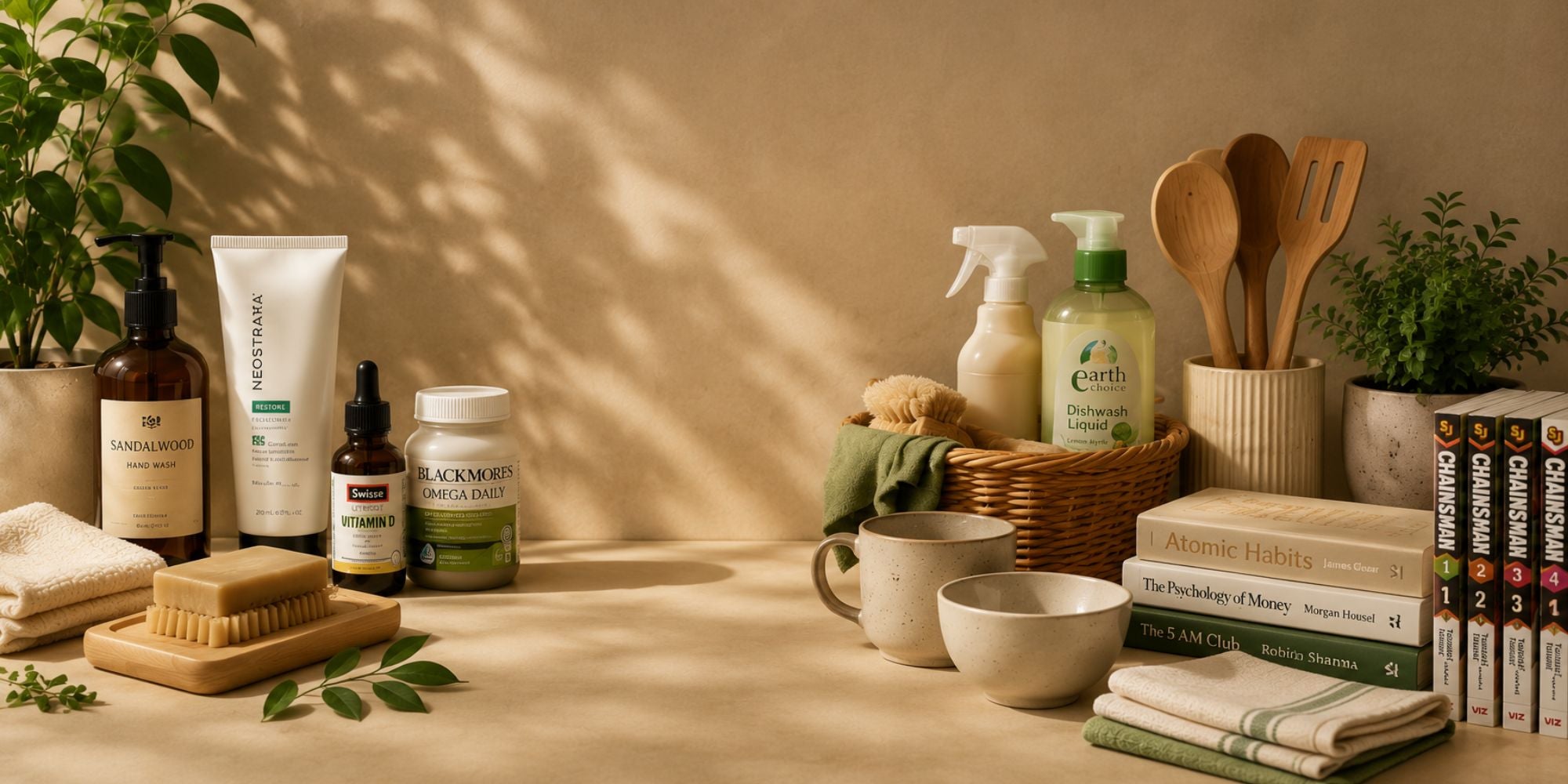 Everyday essentials including personal care, wellness, cleaning, kitchen and books arranged in a warm natural home setting.