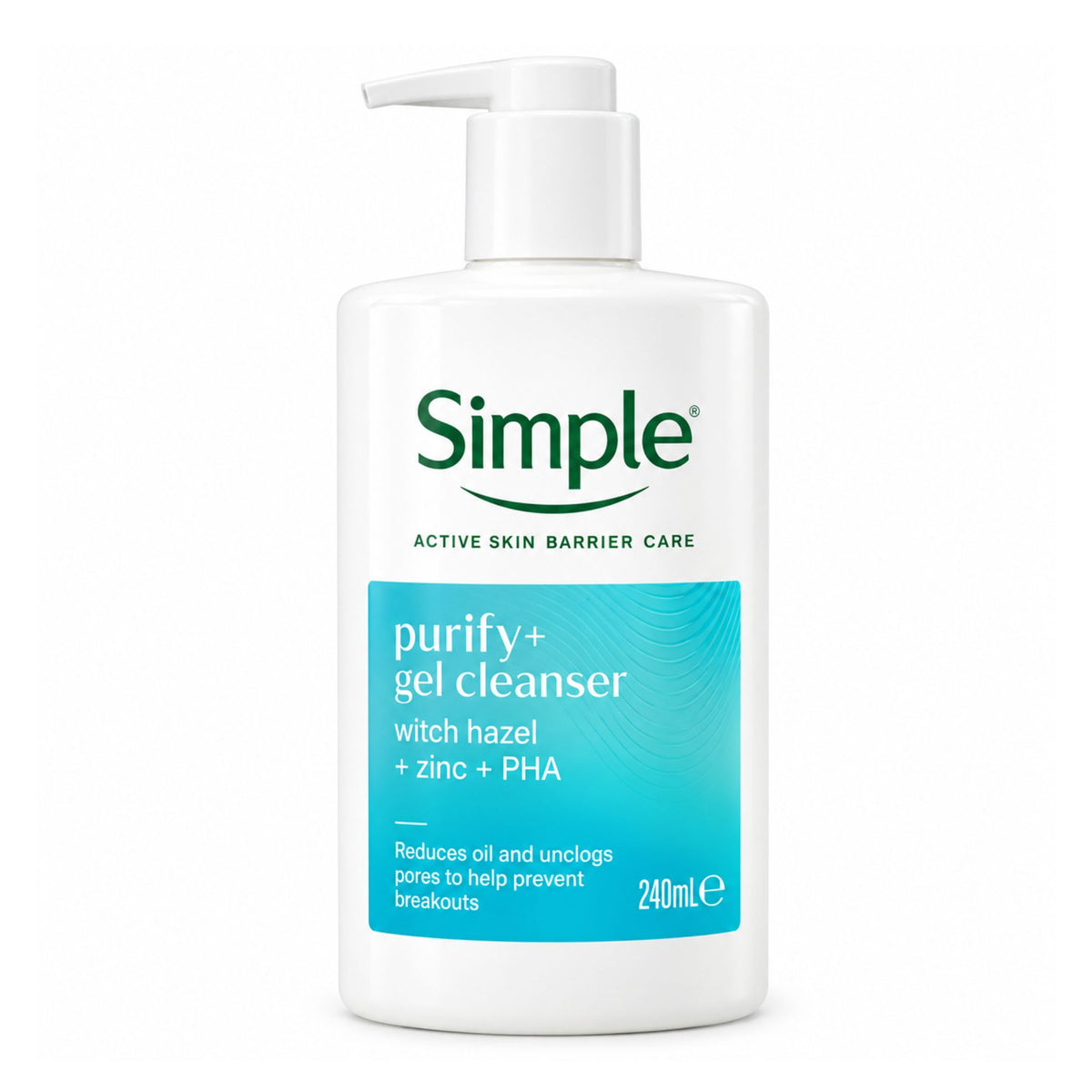 A white pump bottle of Simple Purify+ Gel Cleanser with a blue gradient label, shown on a plain white background.