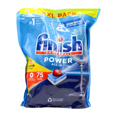 Packaging of Finish Powerball dishwasher tabs with blue and yellow design.