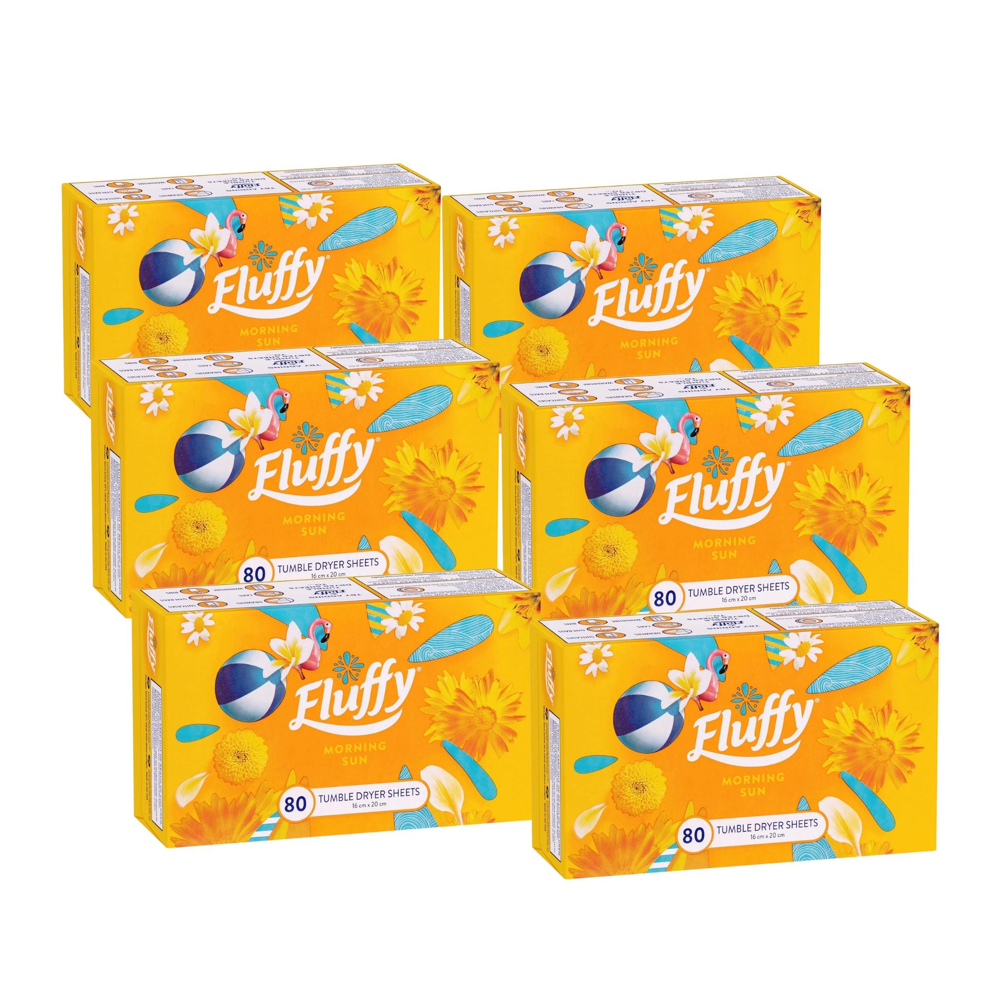 Multiple boxes of Fluffy tumble dryer sheets on a white background