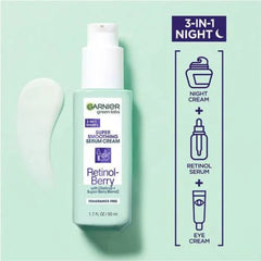 Front view of Garnier Retinol-Berry 3-in-1 Night Serum Cream bottle
