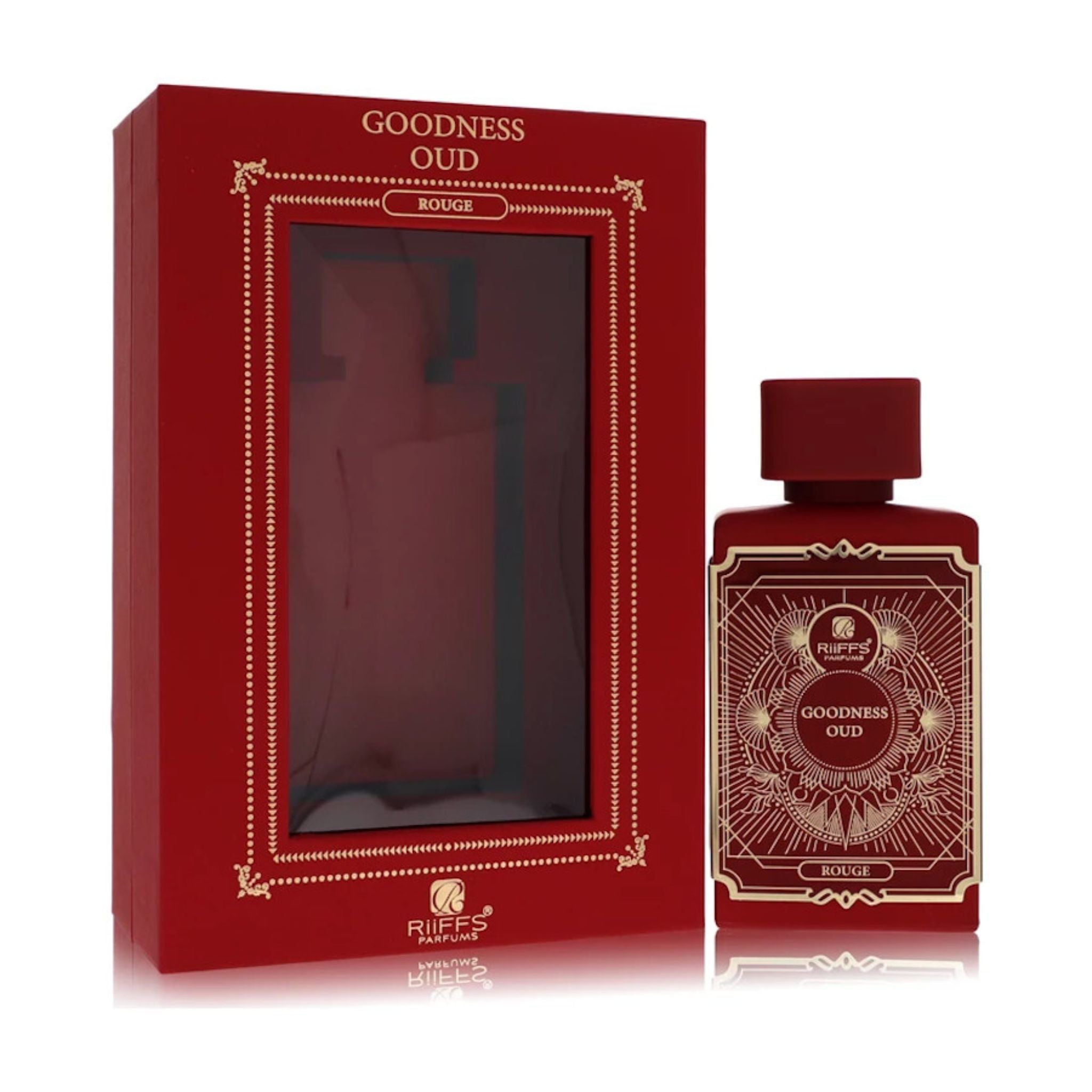 A product image featuring a red and gold Eau de Parfum bottle with its packaging box, labeled 'GOODNESS OUD ROUGE'.