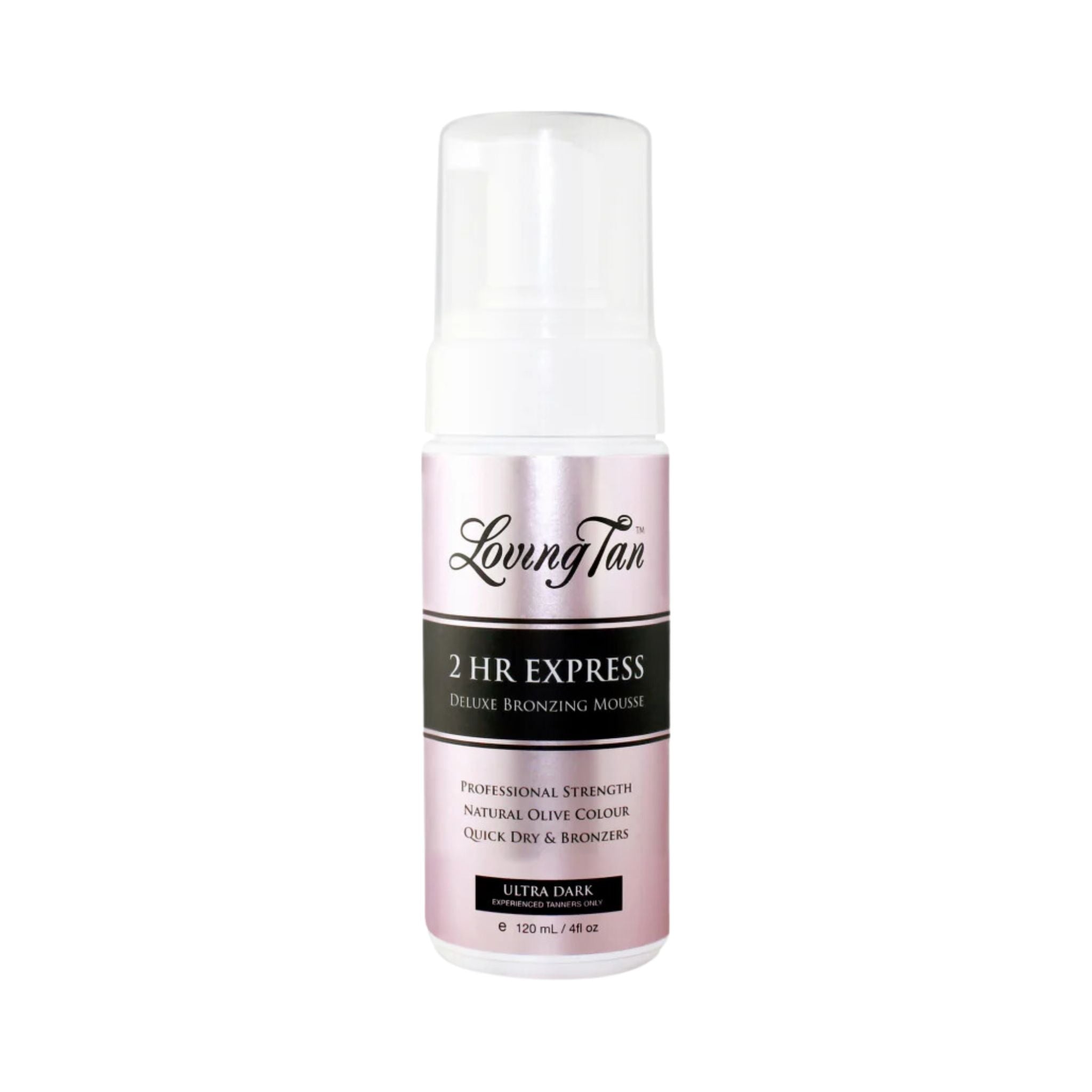A bottle of Loving Tan 2 HR Express Mousse Ultra Dark 120ml, with a pink label on a white background.