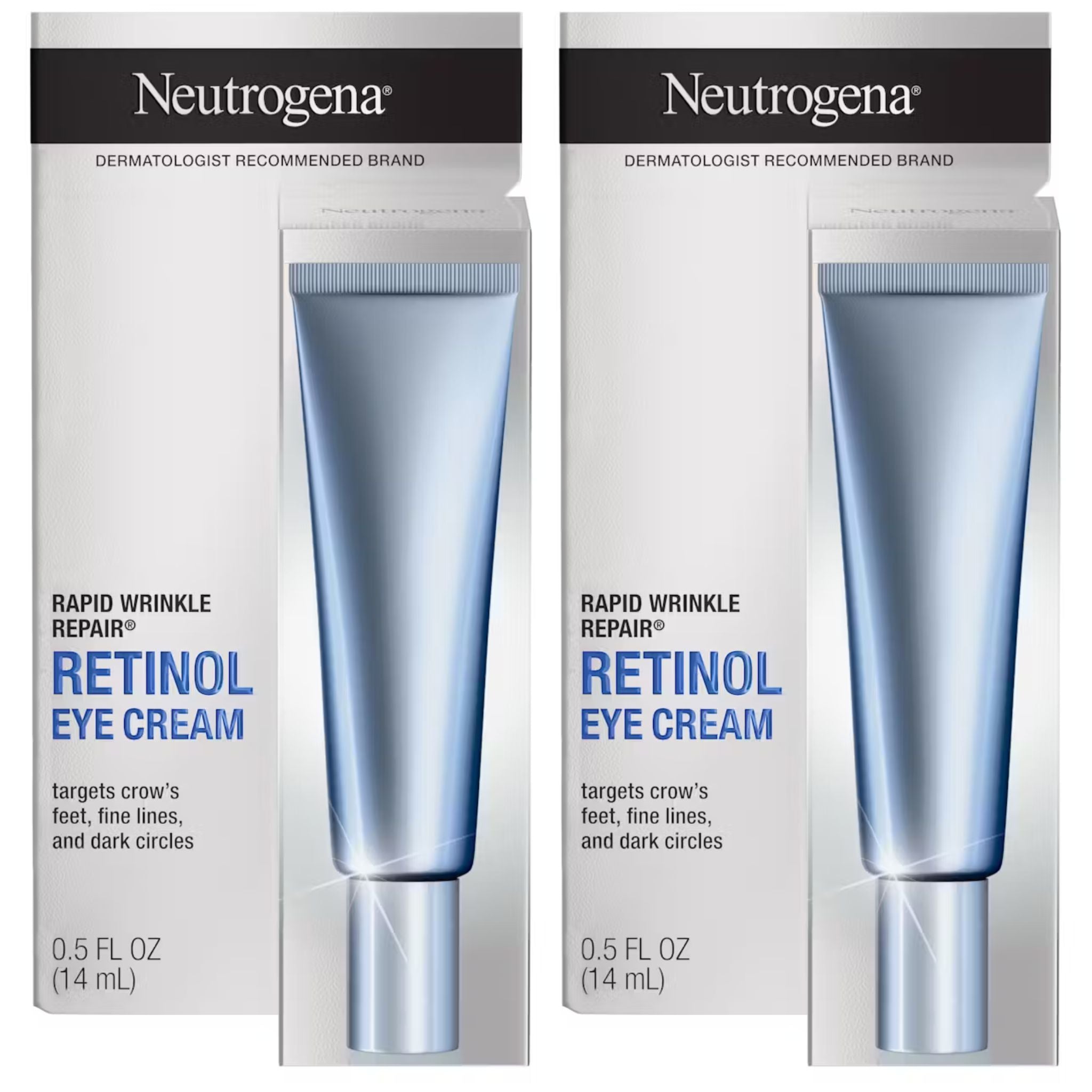Neutrogena Rapid Wrinkle Repair Retinol Eye Cream packaging, featuring a blue tube of cream within a cardboard box with product information.