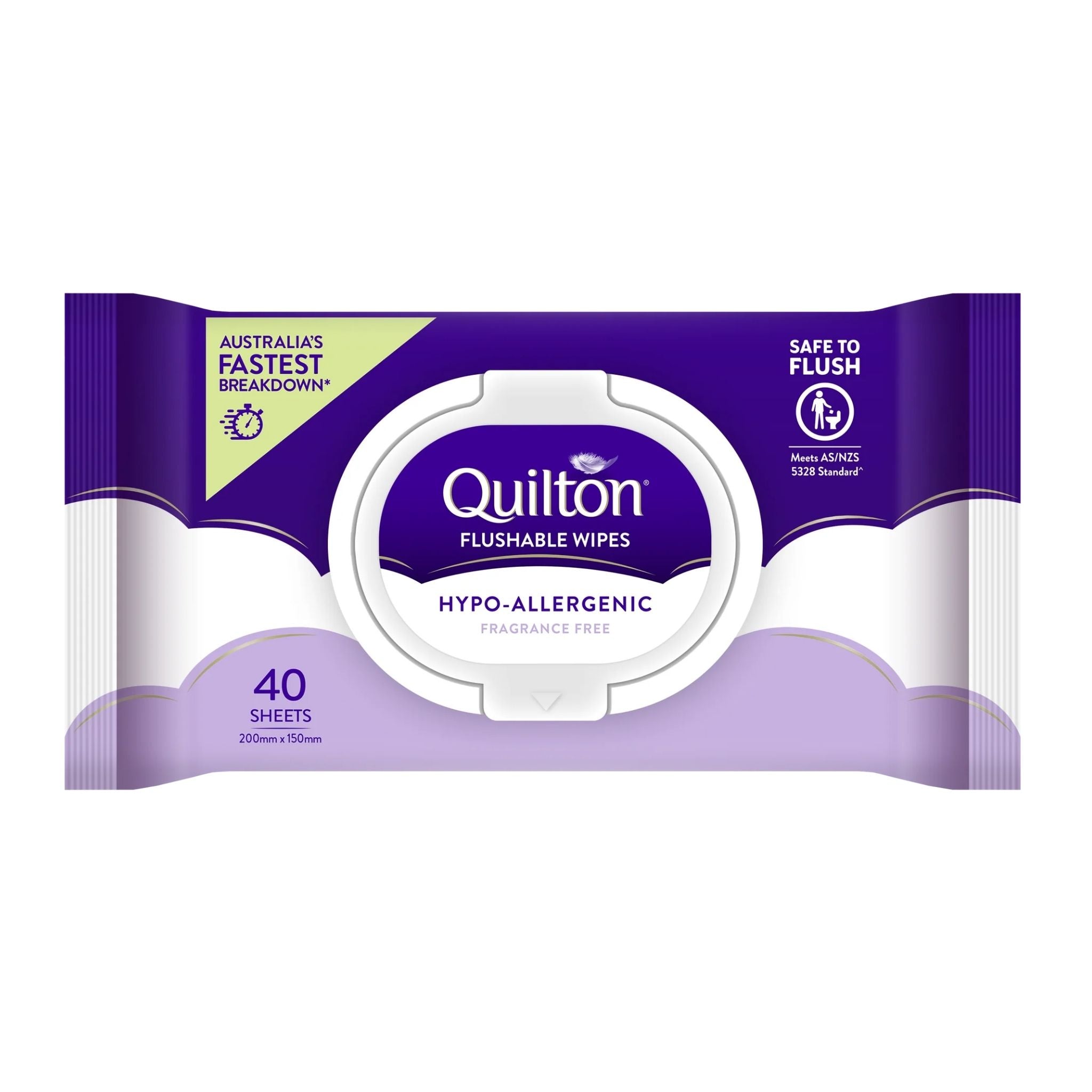 Quilton Flushable Wipes packaging in purple and white, featuring a circular wipe dispenser design and text indicating 40 hypo-allergenic sheets.