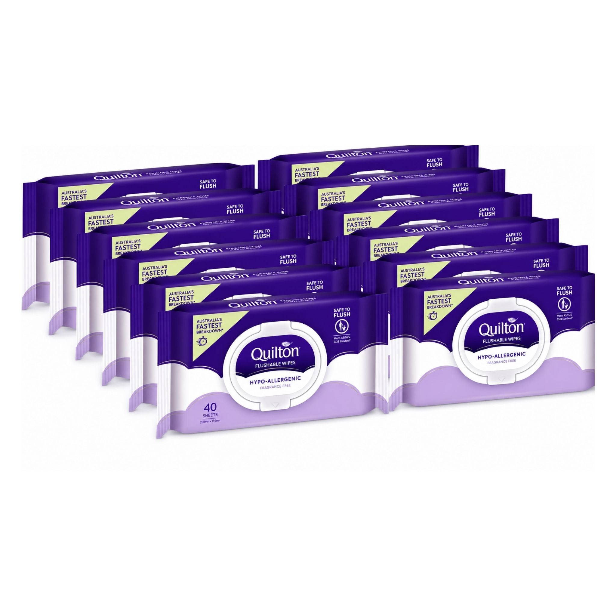 Twelve packs of Quilton Wipes for All Buses wet wipes in purple and white packaging, arranged in two rows on a white background.