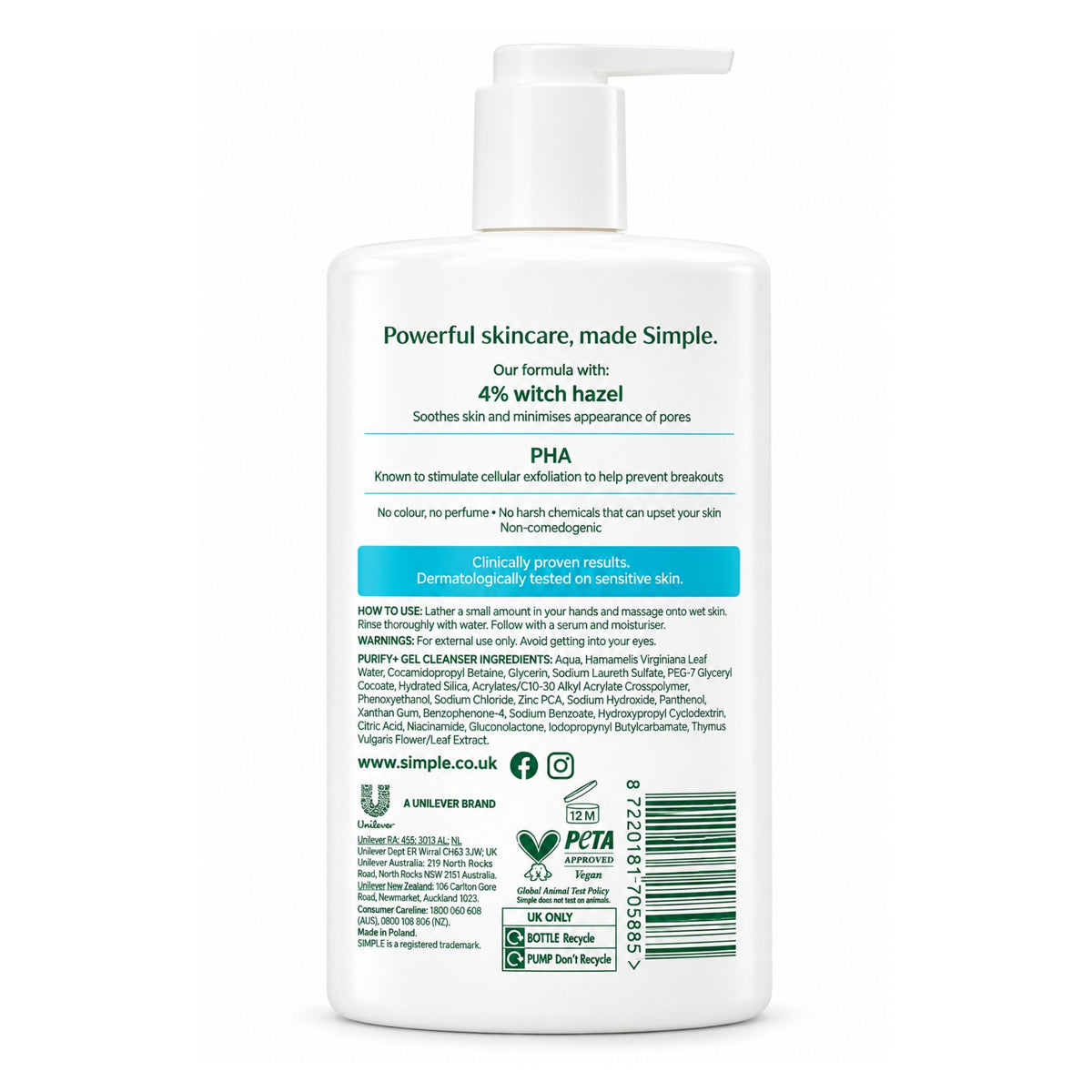 Back view of Simple Active Skin Barrier Care Purify+ Gel Cleanser 240ml bottle showing ingredients and instructions