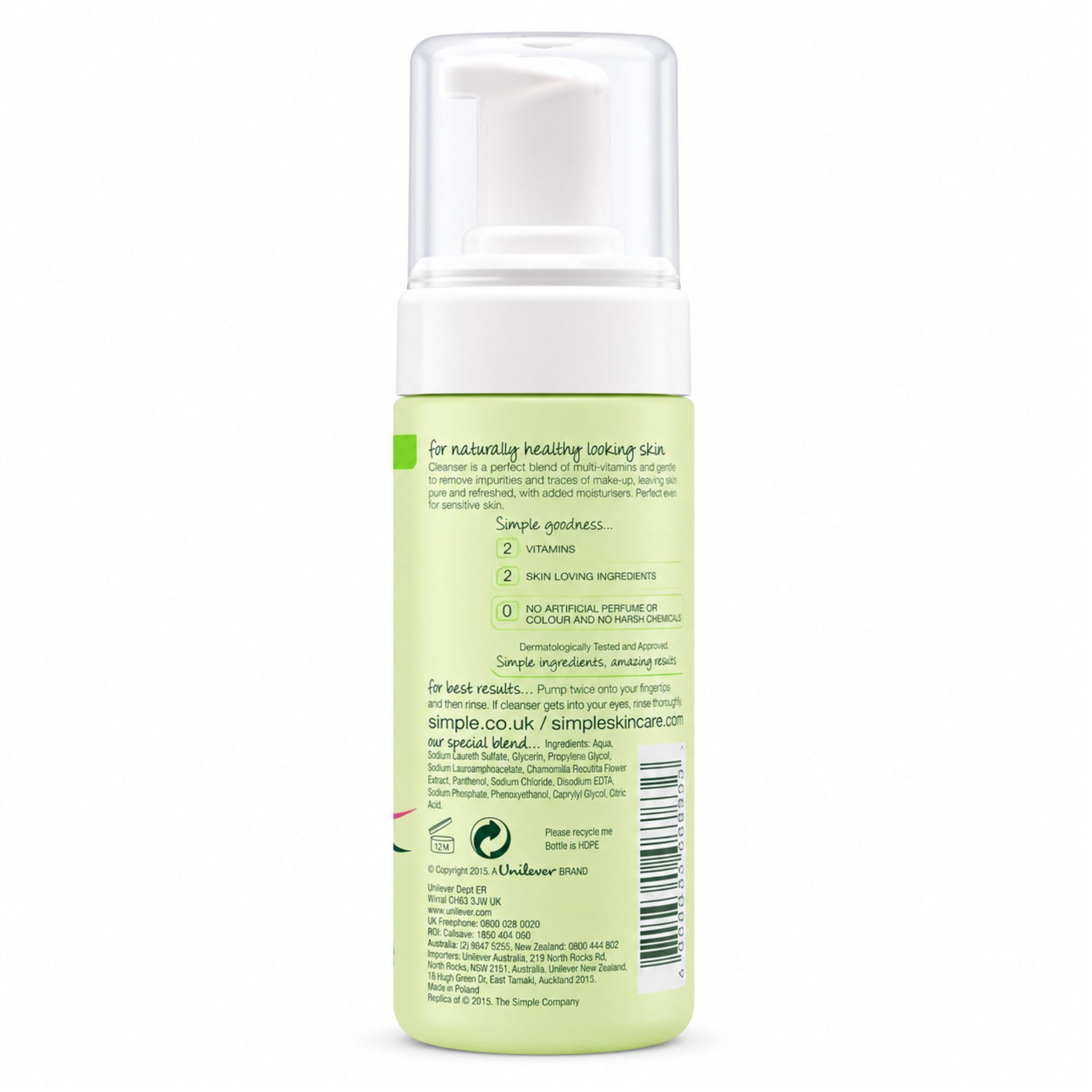 A bottle of Simple Skin Care cleansing foam shown from the back, featuring a pale green label, white pump dispenser, and clear cap on a white background.