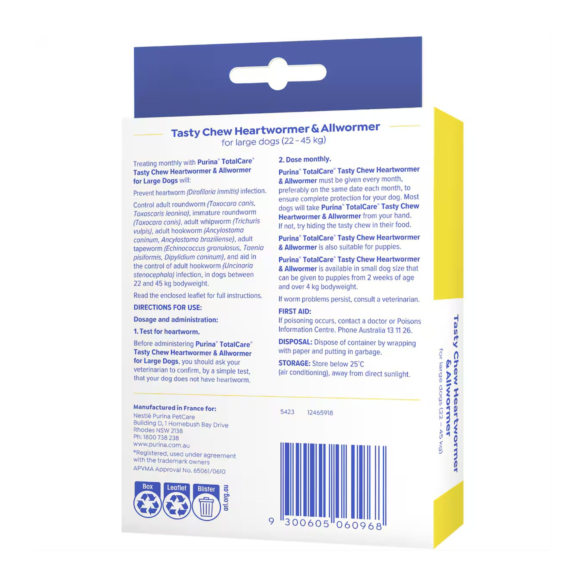 Back view of a Tasty Chew Heartwarmer & Allwarmer packaging for large dogs with text and a barcode.